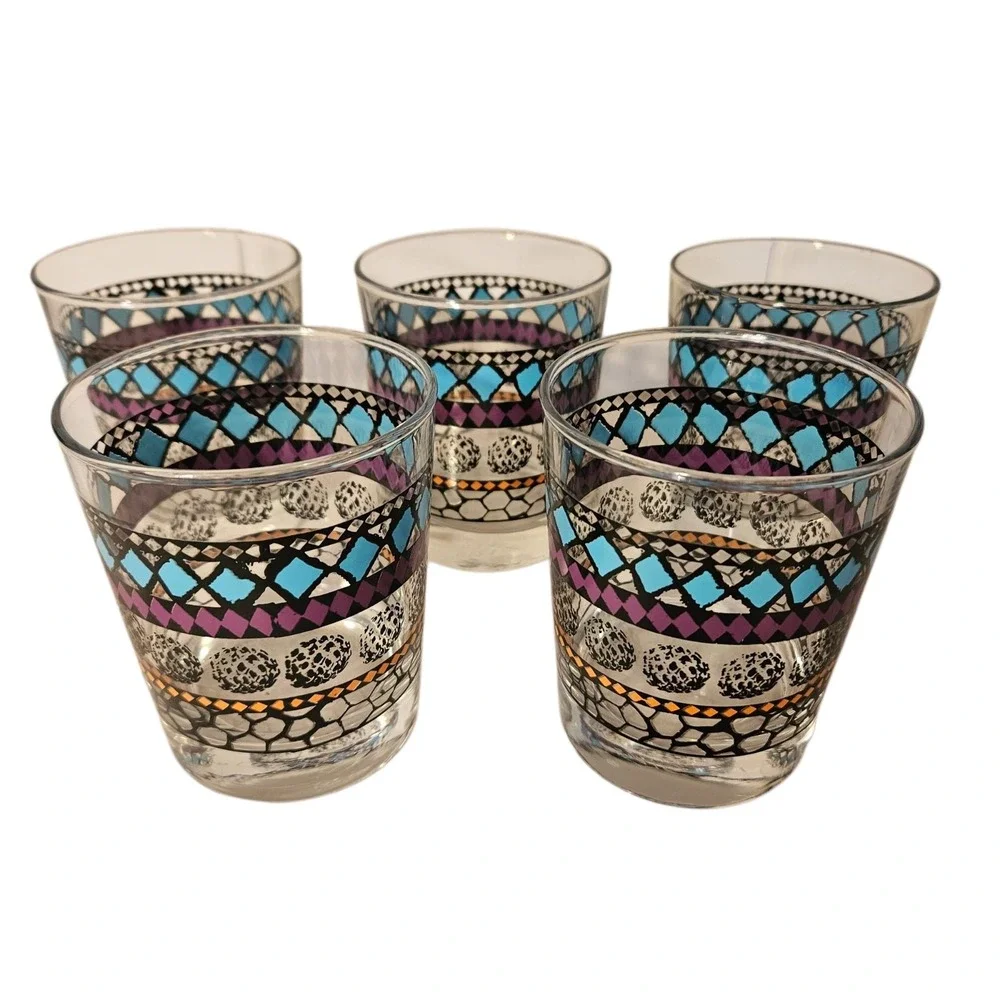 IKEA Geometric Juice Rocks Bar Drinking Glasses Old Fashion Purple Teal Set Of 5